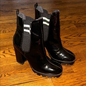 Forever 21 Black Patent Chelsea Block Heel Booties with Striped Elastic